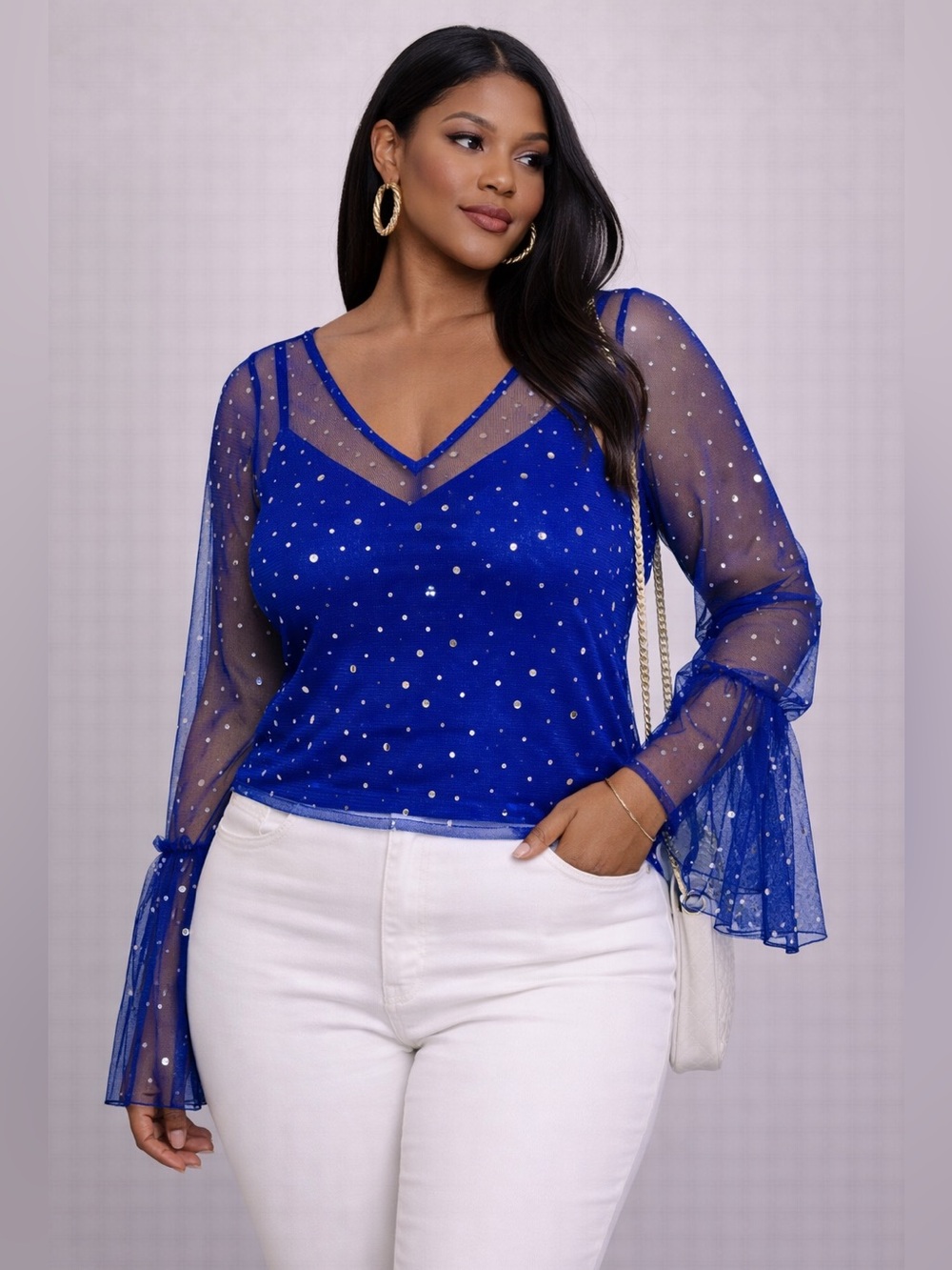 Sace Sparkling Royal Blue Sheer Bell-Sleeve Blouse Size Large